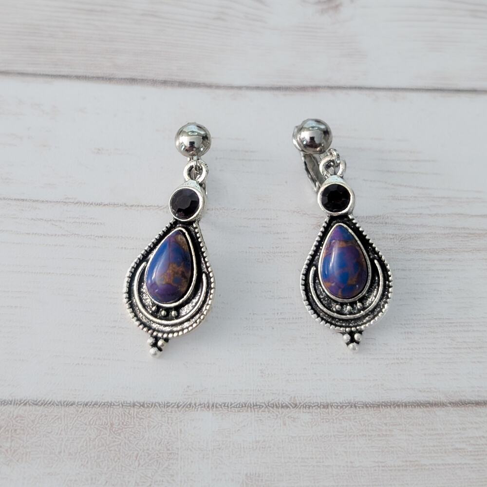 Vintage Clip On Earrings Statement Silver Tone Wi… - image 2